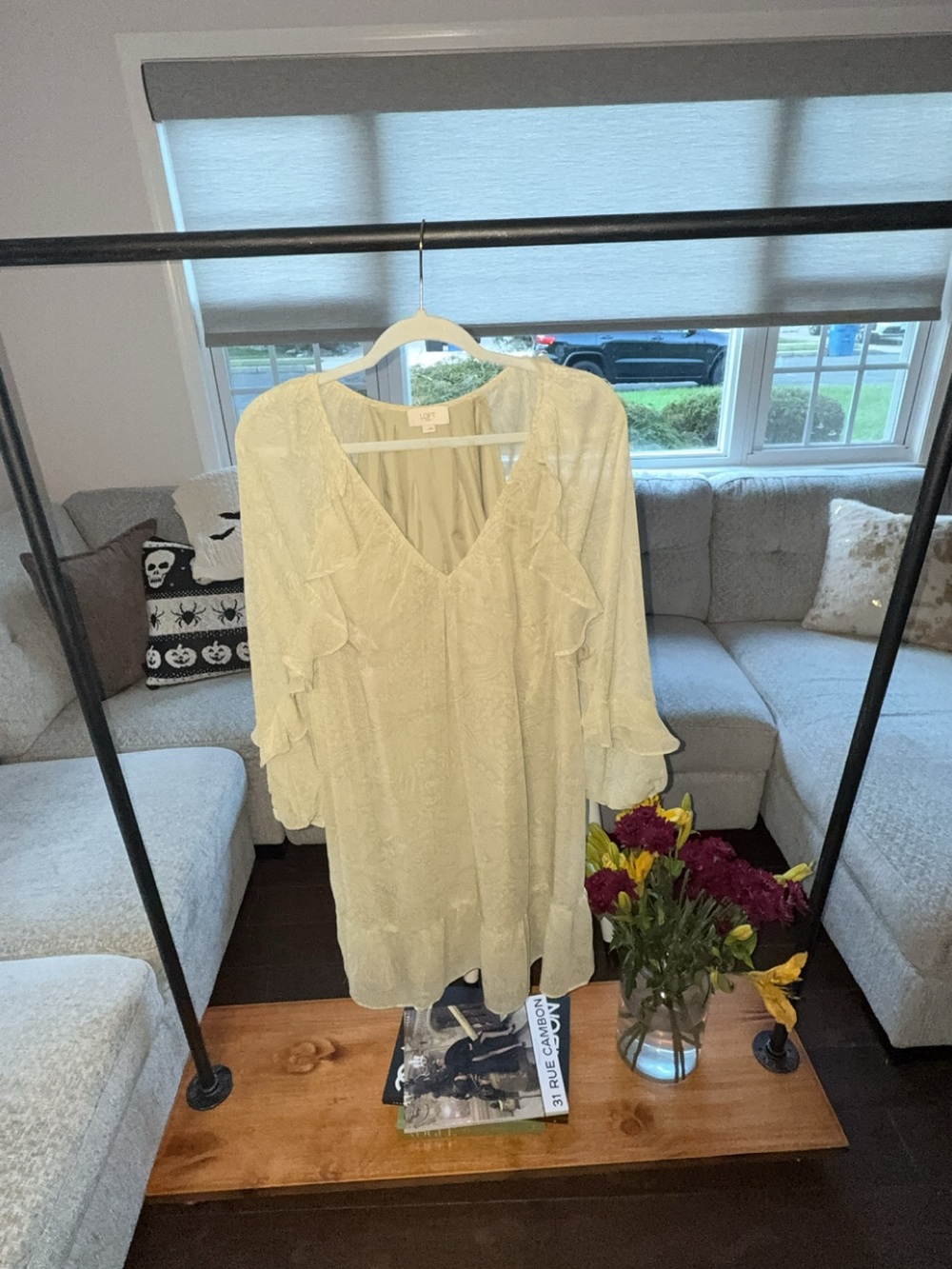 LOFT Outlet Large Sage Paisley Ruffle Sleeve Flowy Mini Dress Boho